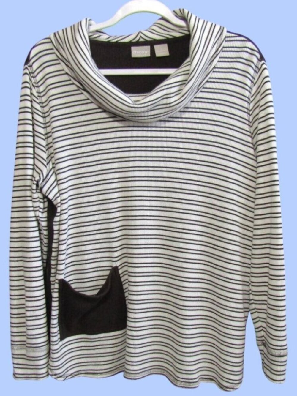 Chicos Cream Brown Striped Waffle Knit Thermal Top Size L 2 Cowl Neck Pocket